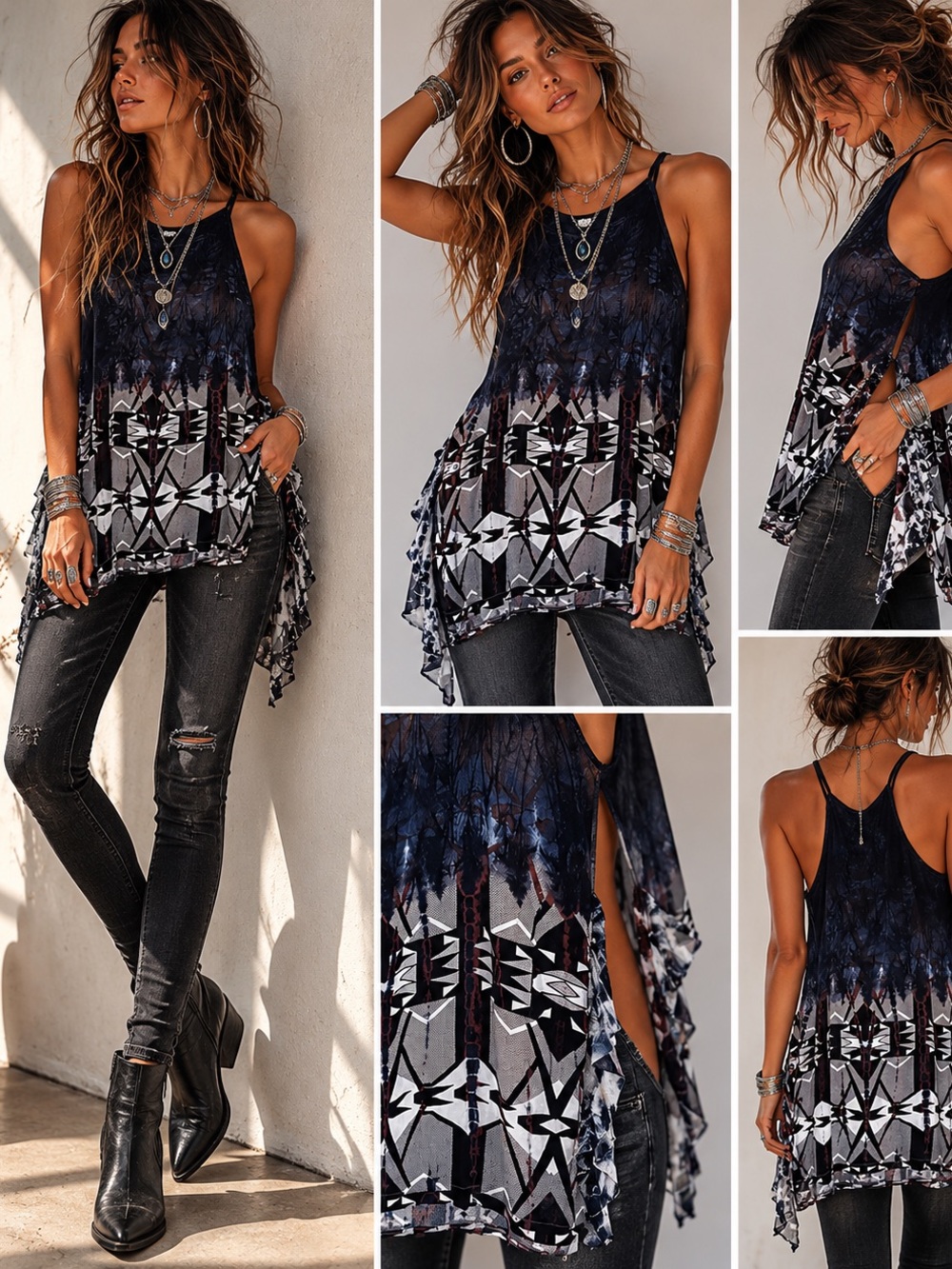 LANGUAGE LOS ANGELES Women's Blue Black Halter Tank High Side Slits S NEW NWT